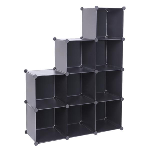 Modular Cube Storage Unit featuring nine black cubes, durable metal frame, and eco-friendly materials, ideal for organizing living spaces.