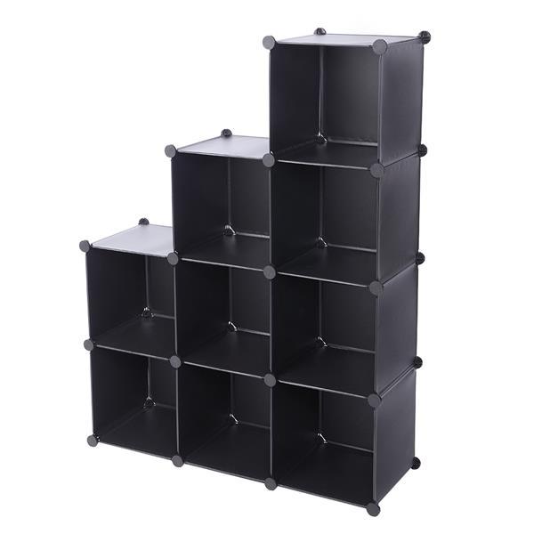 Modular Cube Storage Unit featuring nine black cubes, durable metal frame, and eco-friendly materials, ideal for organizing living spaces.