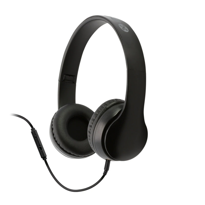 MOKI Flip Headphones in black with removable audio cable and in-line microphone, showcasing a sleek and stylish design.