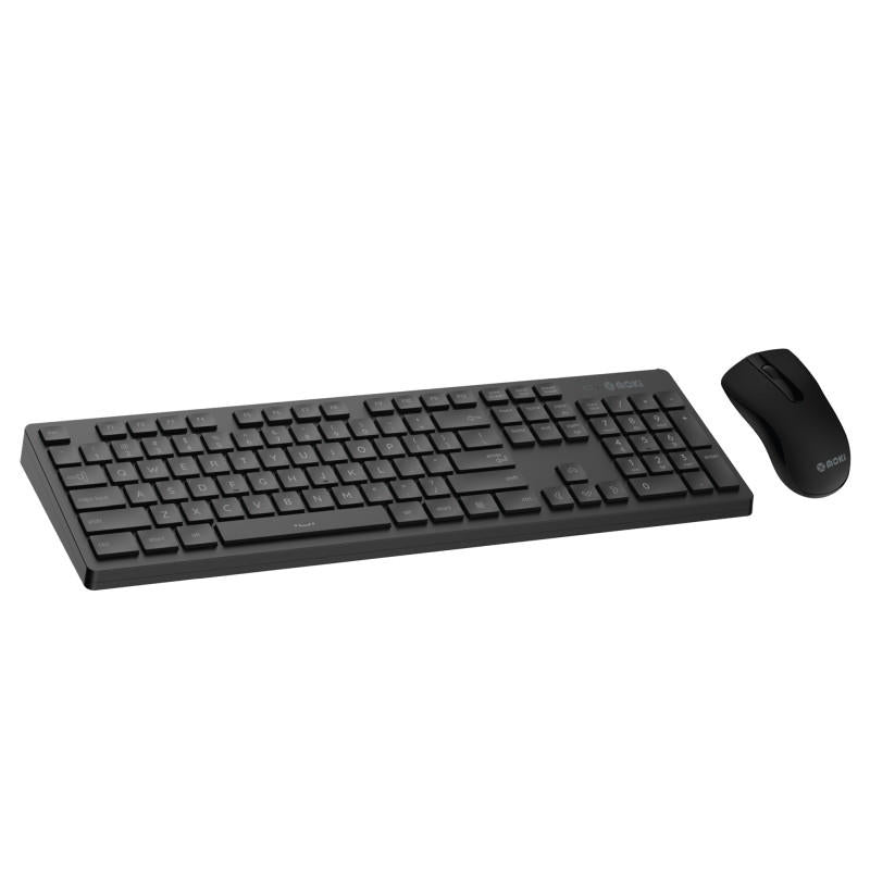 MOKI International Wireless Keyboard and Mouse Combo in black, featuring a low-profile design and USB-A nano receiver.