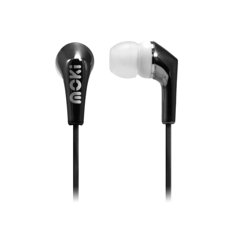 MOKI Life Metallic Earbuds in Black with soft silicone tips for comfort and noise isolation.