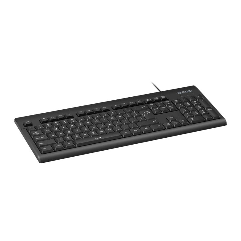 MOKI Wired USB Keyboard in black color with a USB-A connector and a 120cm cable, showcasing its sleek design and user-friendly layout.