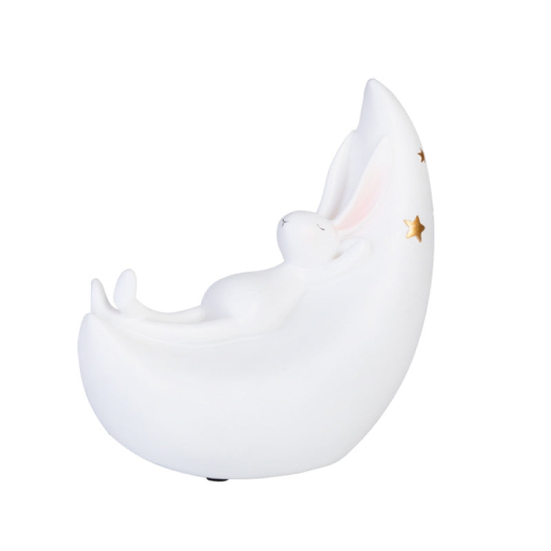 A whimsical LED table lamp featuring a cute bunny resting on a crescent moon, perfect for children's rooms.