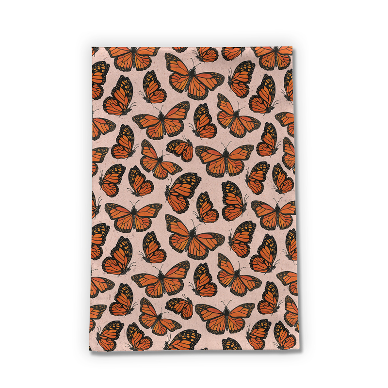 Monarch Butterfly Tea Towel featuring vibrant butterfly design on cotton twill fabric, perfect for kitchen use.