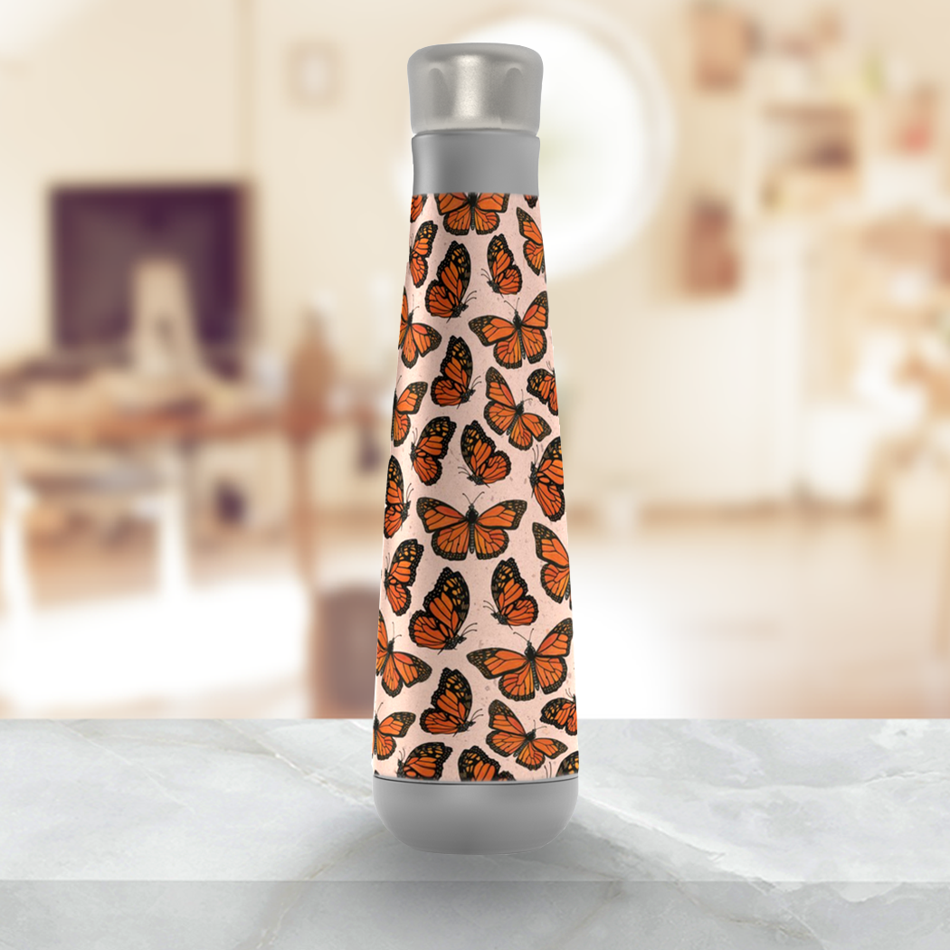 Monarch Butterfly Water Bottle made of stainless steel with a vibrant butterfly design, showcasing its sleek and stylish appearance.