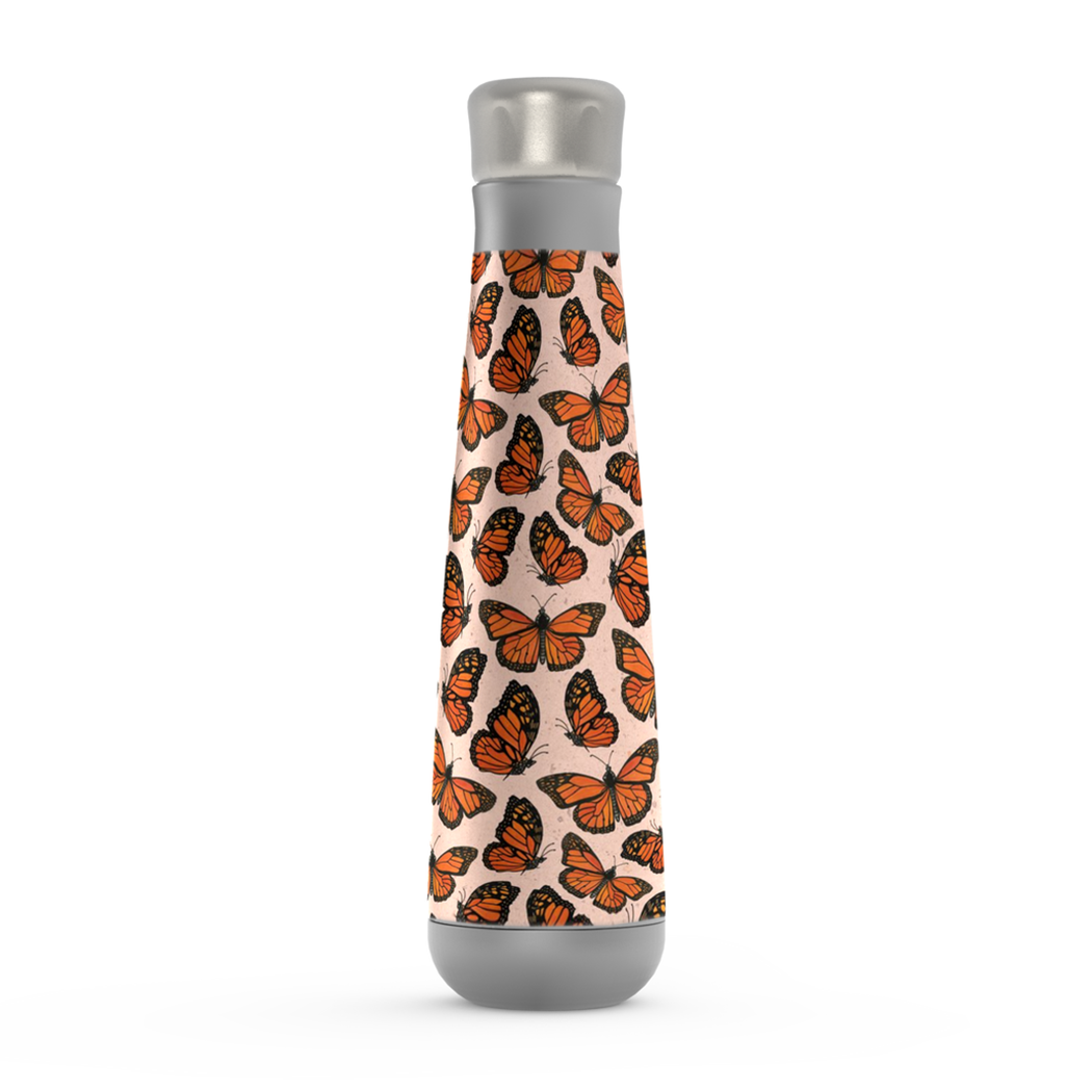 Monarch Butterfly Water Bottle made of stainless steel with a vibrant butterfly design, showcasing its sleek and stylish appearance.