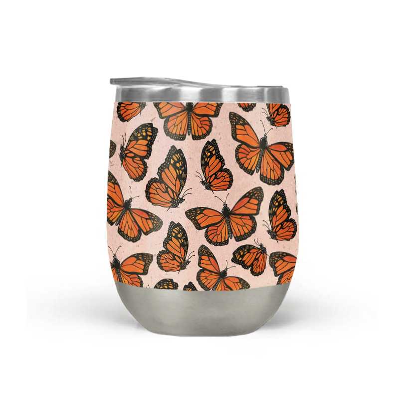 Monarch Butterfly Wine Tumbler showcasing a vibrant butterfly design, made of stainless steel with a double-wall vacuum insulation.