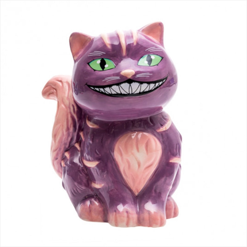 A colorful money bank shaped like a grinning mad cat, featuring purple and pink accents with vibrant turquoise eyes.