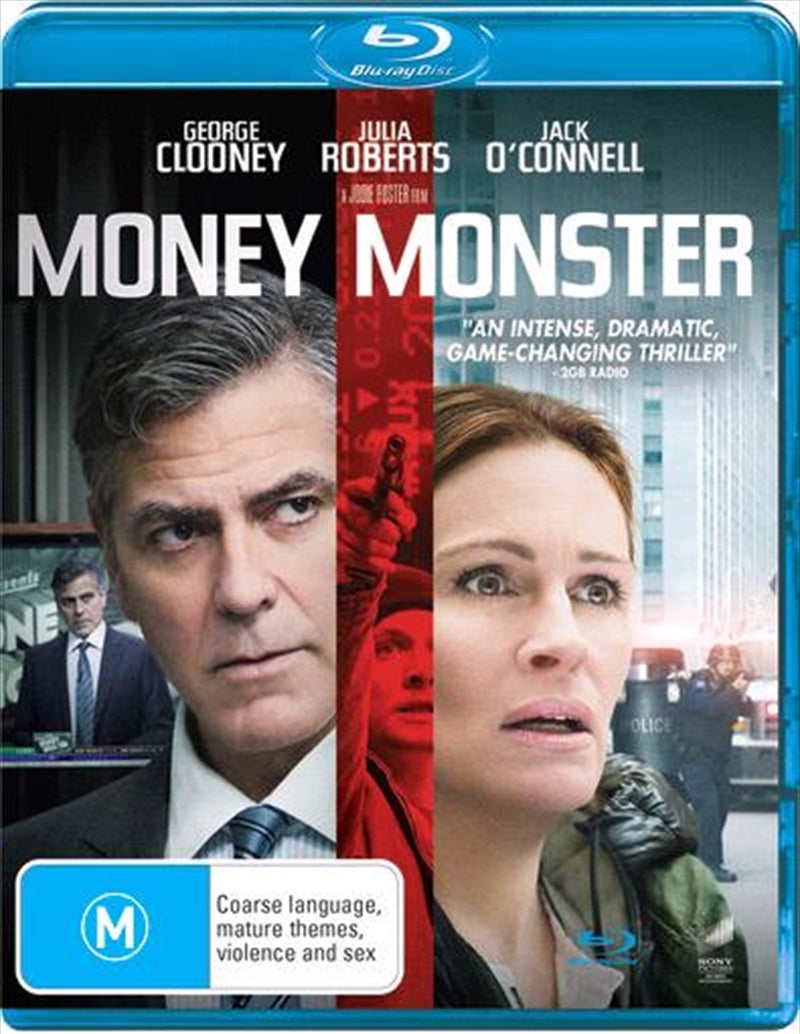 Blu-ray cover of Money Monster featuring George Clooney and Julia Roberts in a tense financial thriller scene.