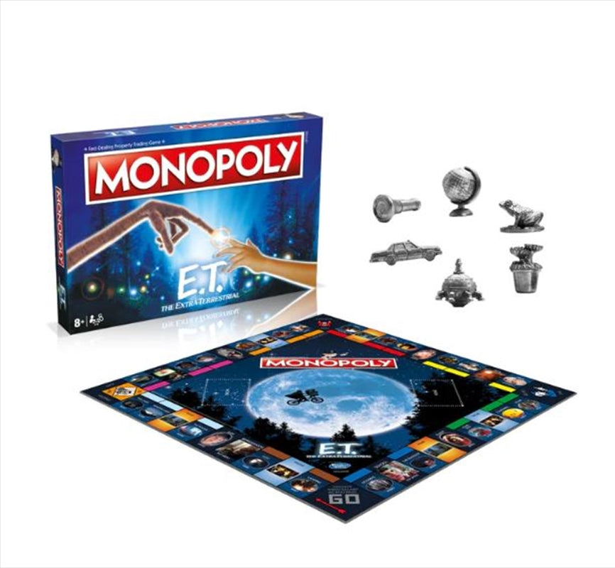 Monopoly ET Edition board game featuring E.T. and Elliott characters with iconic movie scenes.