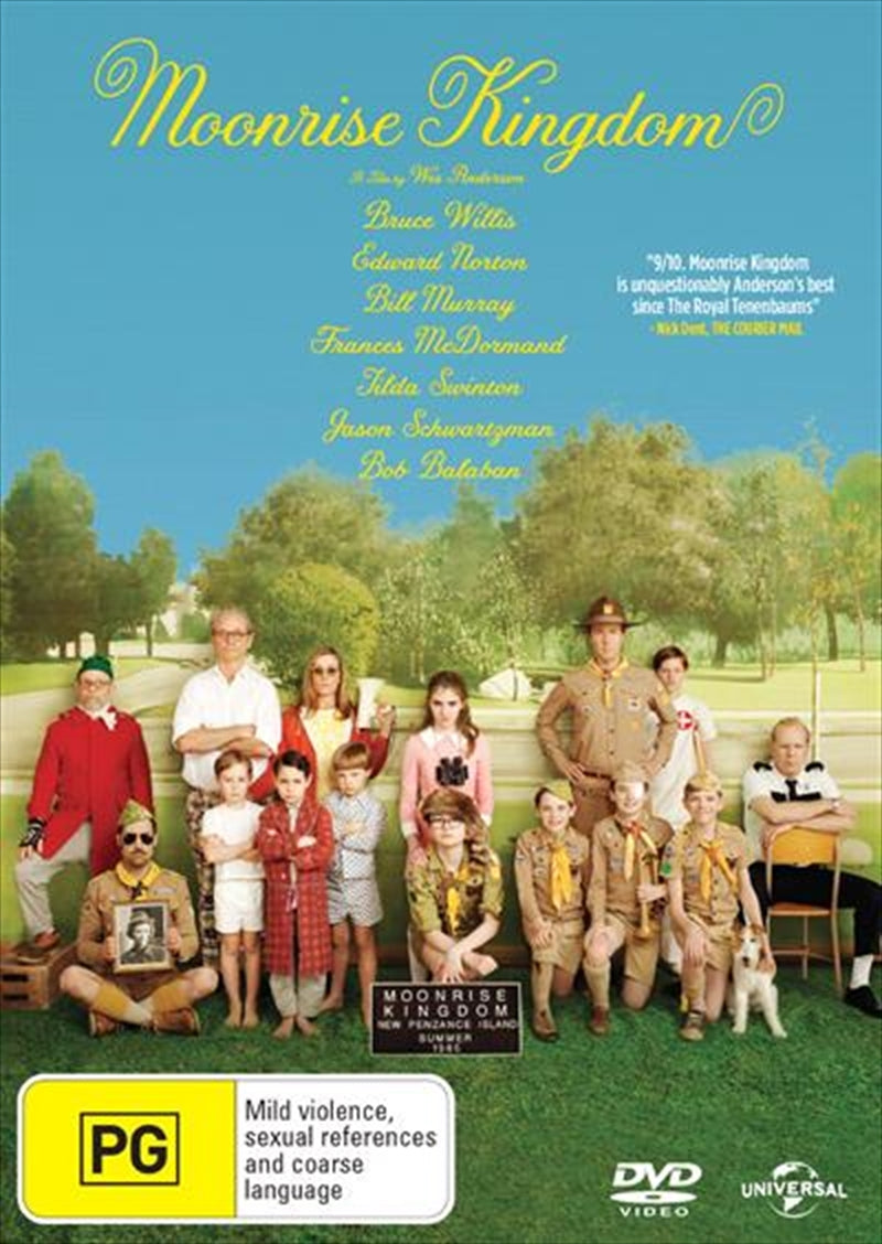 Moonrise Kingdom DVD cover featuring whimsical artwork and characters Sam and Suzy.