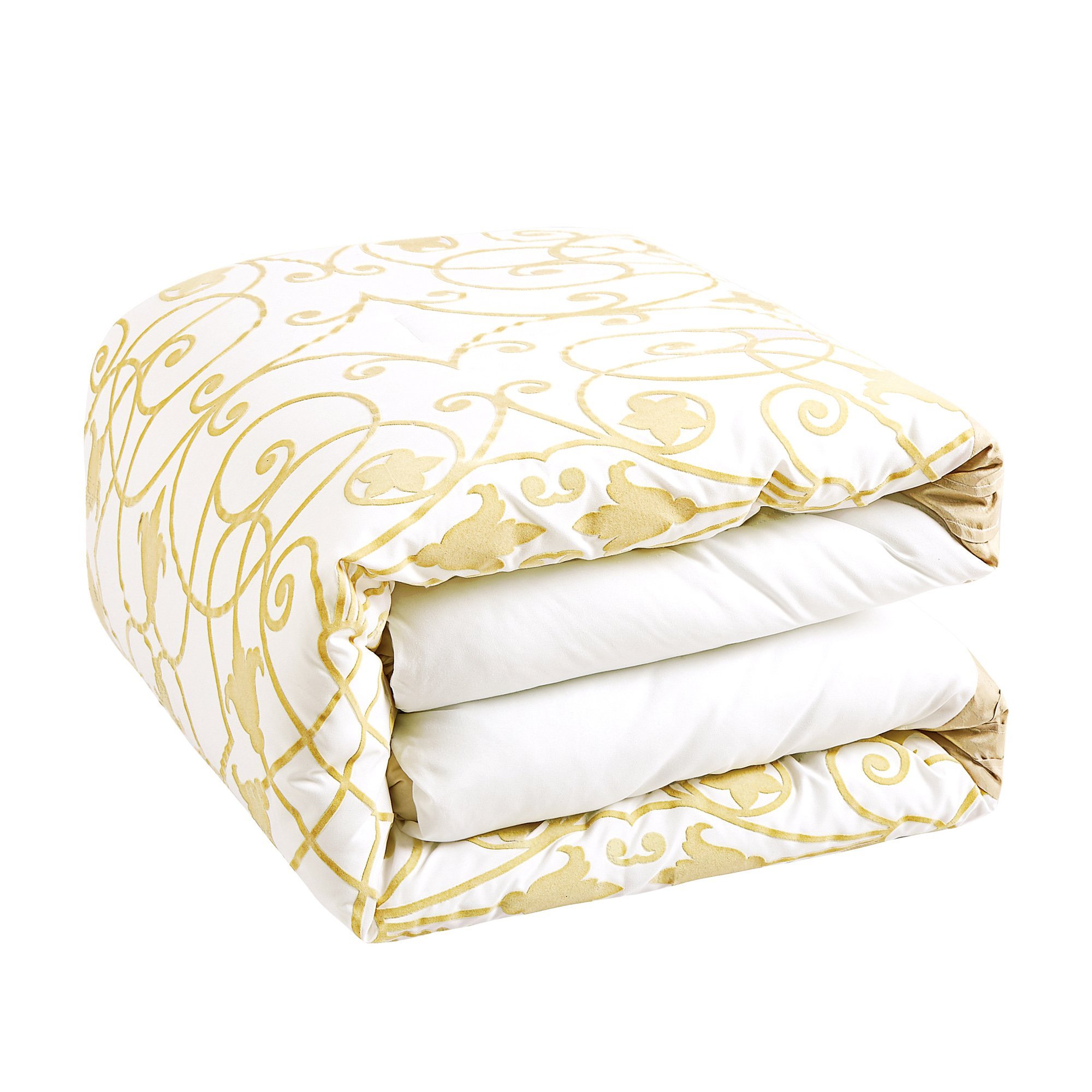 Mora Contemporary White and Gold Comforter Set showcasing elegant jacquard fabric with medallion and floral patterns, perfect for luxurious bedroom decor.