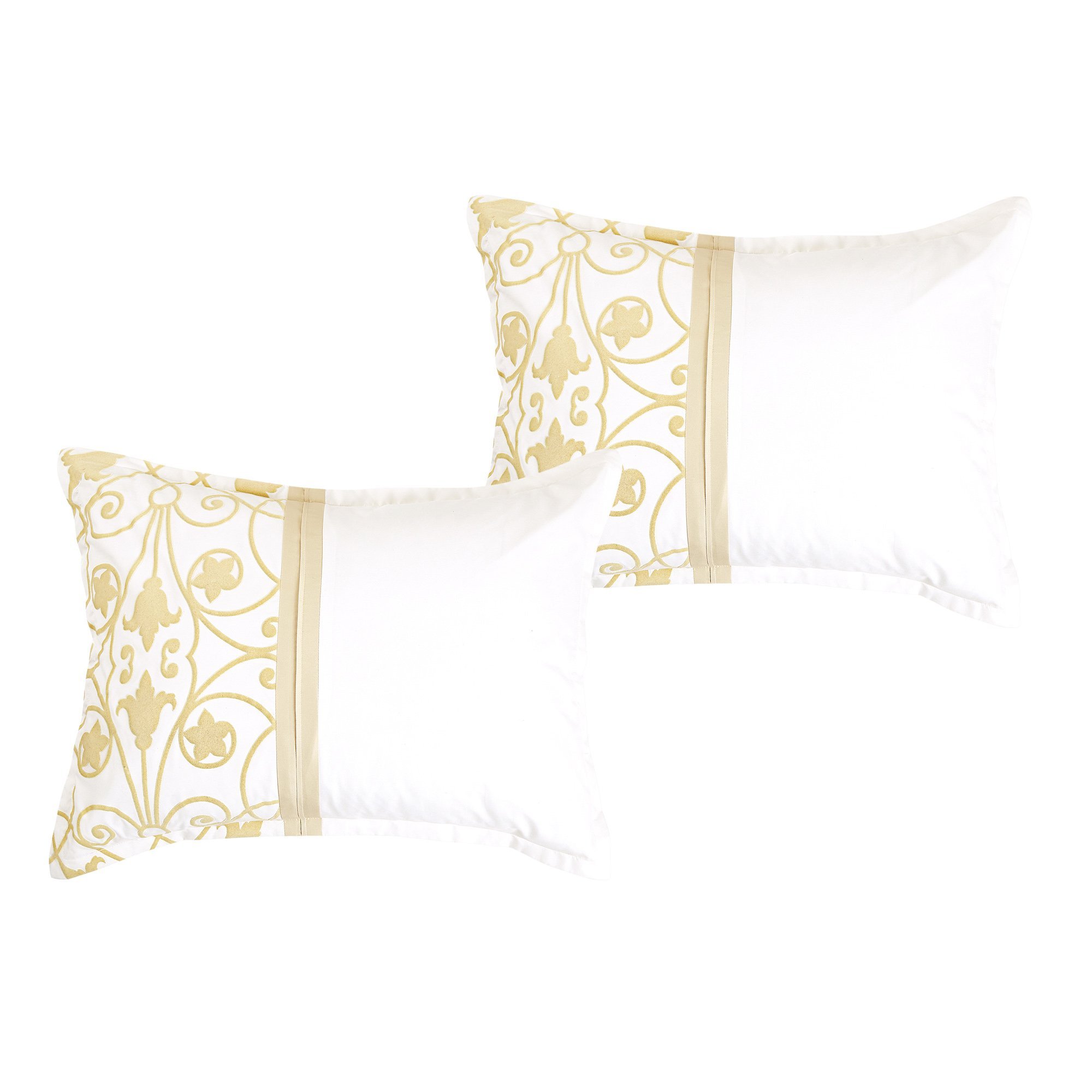 Mora Contemporary White and Gold Comforter Set showcasing elegant jacquard fabric with medallion and floral patterns, perfect for luxurious bedroom decor.