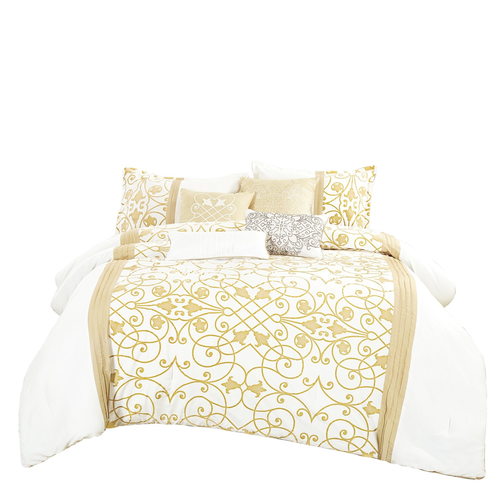 Mora Contemporary White and Gold Comforter Set showcasing elegant jacquard fabric with medallion and floral patterns, perfect for luxurious bedroom decor.