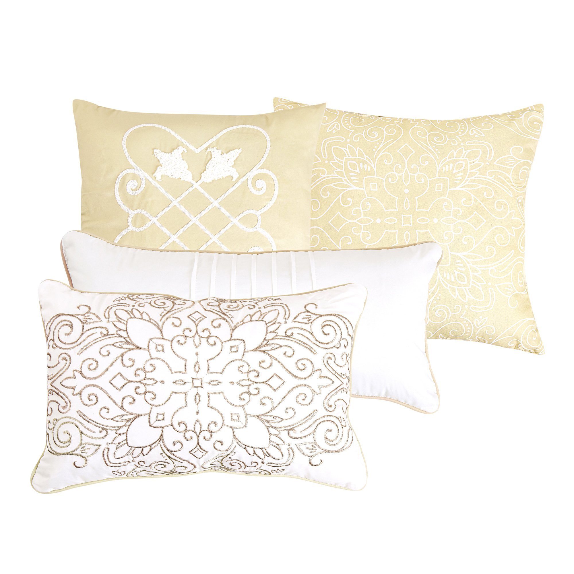 Mora Contemporary White and Gold Comforter Set showcasing elegant jacquard fabric with medallion and floral patterns, perfect for luxurious bedroom decor.