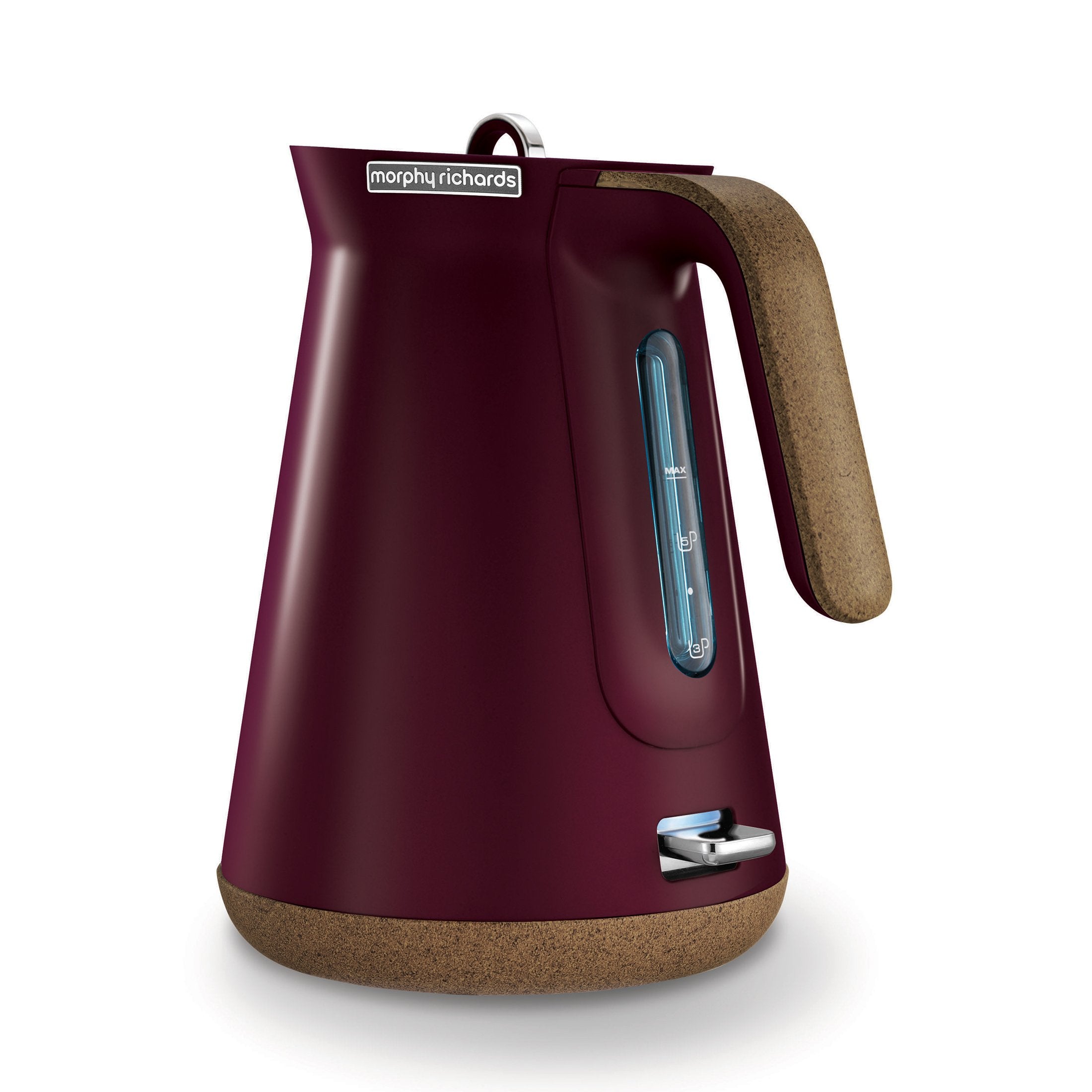 Morphy Richards 1.5L Aspect Kettle in maroon with cork-effect trim, showcasing its sleek design and modern features.