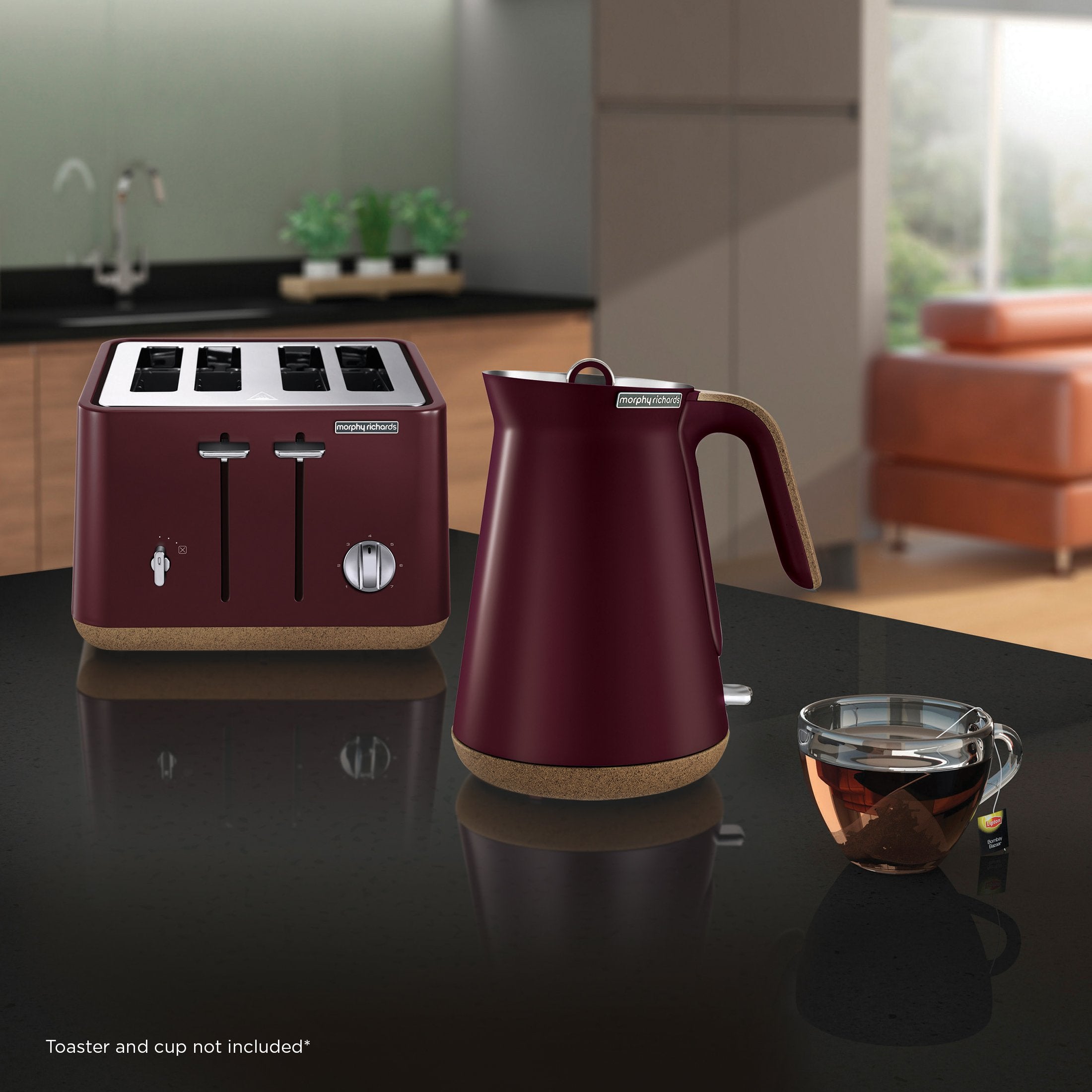 Morphy Richards 1.5L Aspect Kettle in maroon with cork-effect trim, showcasing its sleek design and modern features.