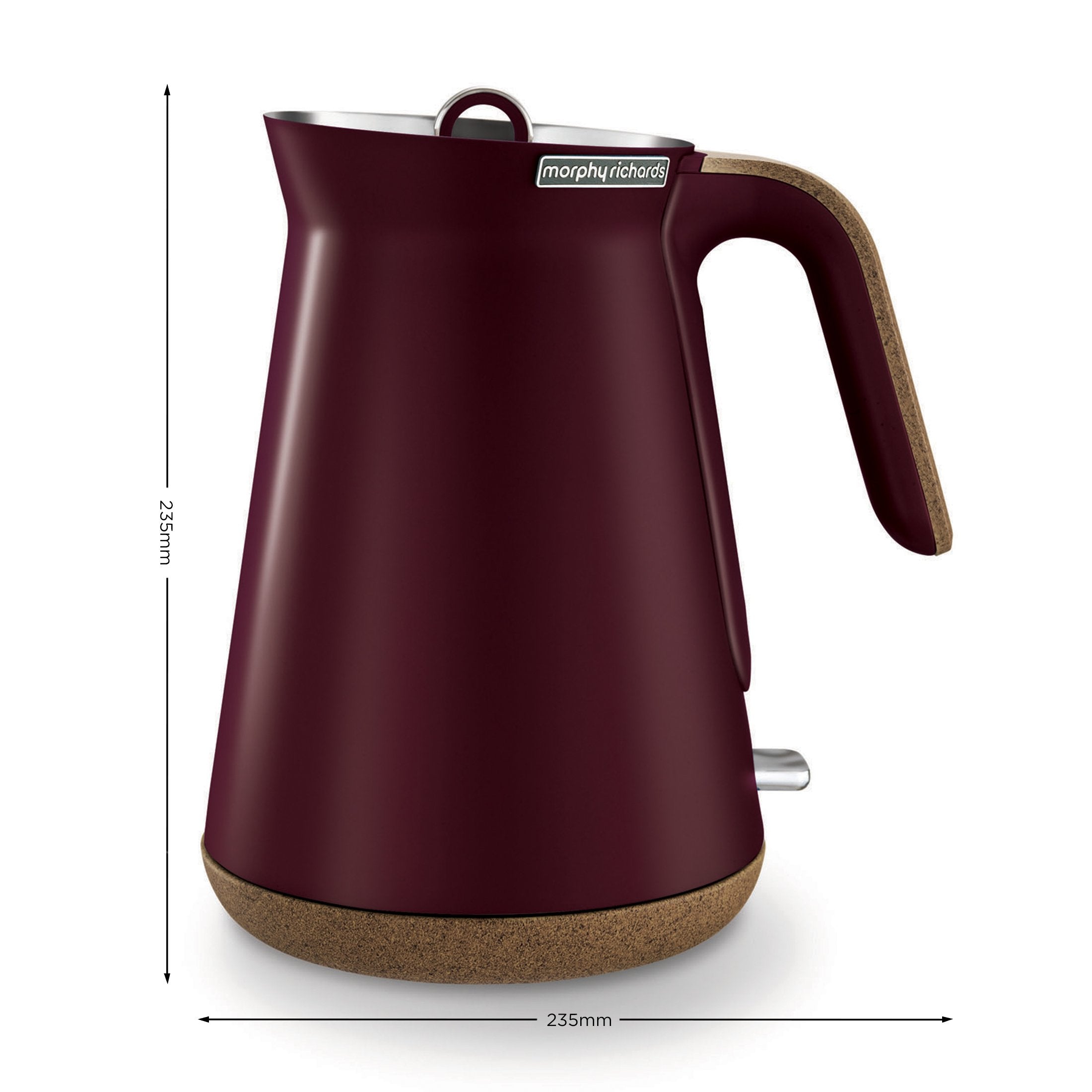 Morphy Richards 1.5L Aspect Kettle in maroon with cork-effect trim, showcasing its sleek design and modern features.