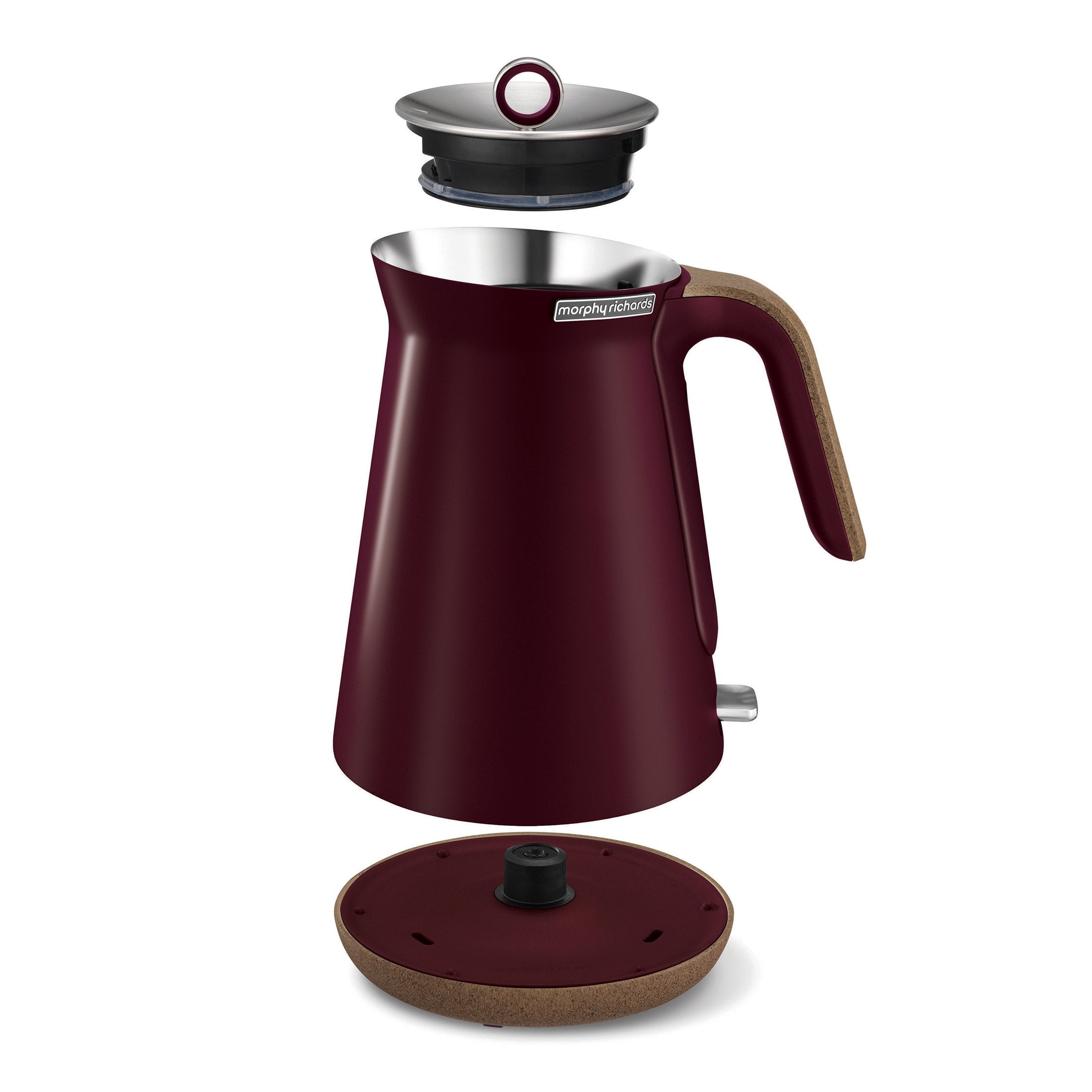 Morphy Richards 1.5L Aspect Kettle in maroon with cork-effect trim, showcasing its sleek design and modern features.