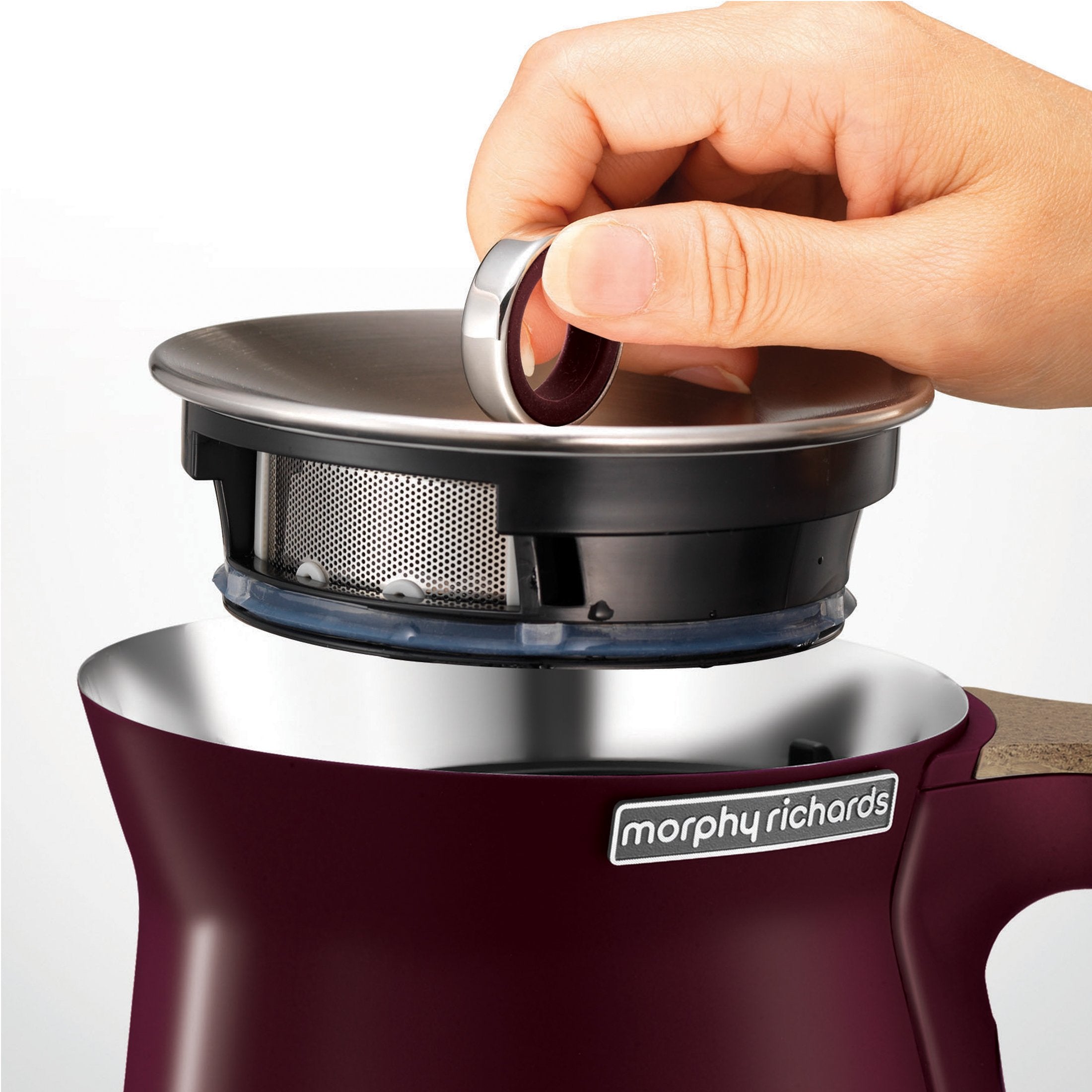 Morphy Richards 1.5L Aspect Kettle in maroon with cork-effect trim, showcasing its sleek design and modern features.