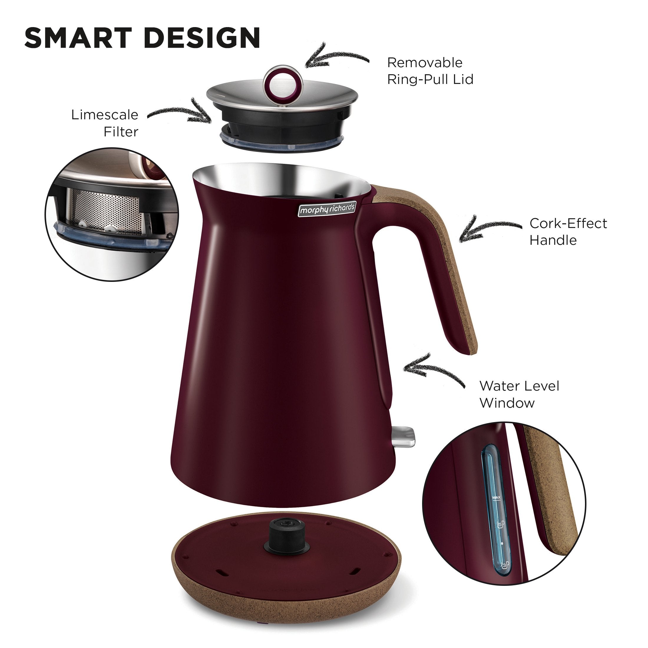 Morphy Richards 1.5L Aspect Kettle in maroon with cork-effect trim, showcasing its sleek design and modern features.