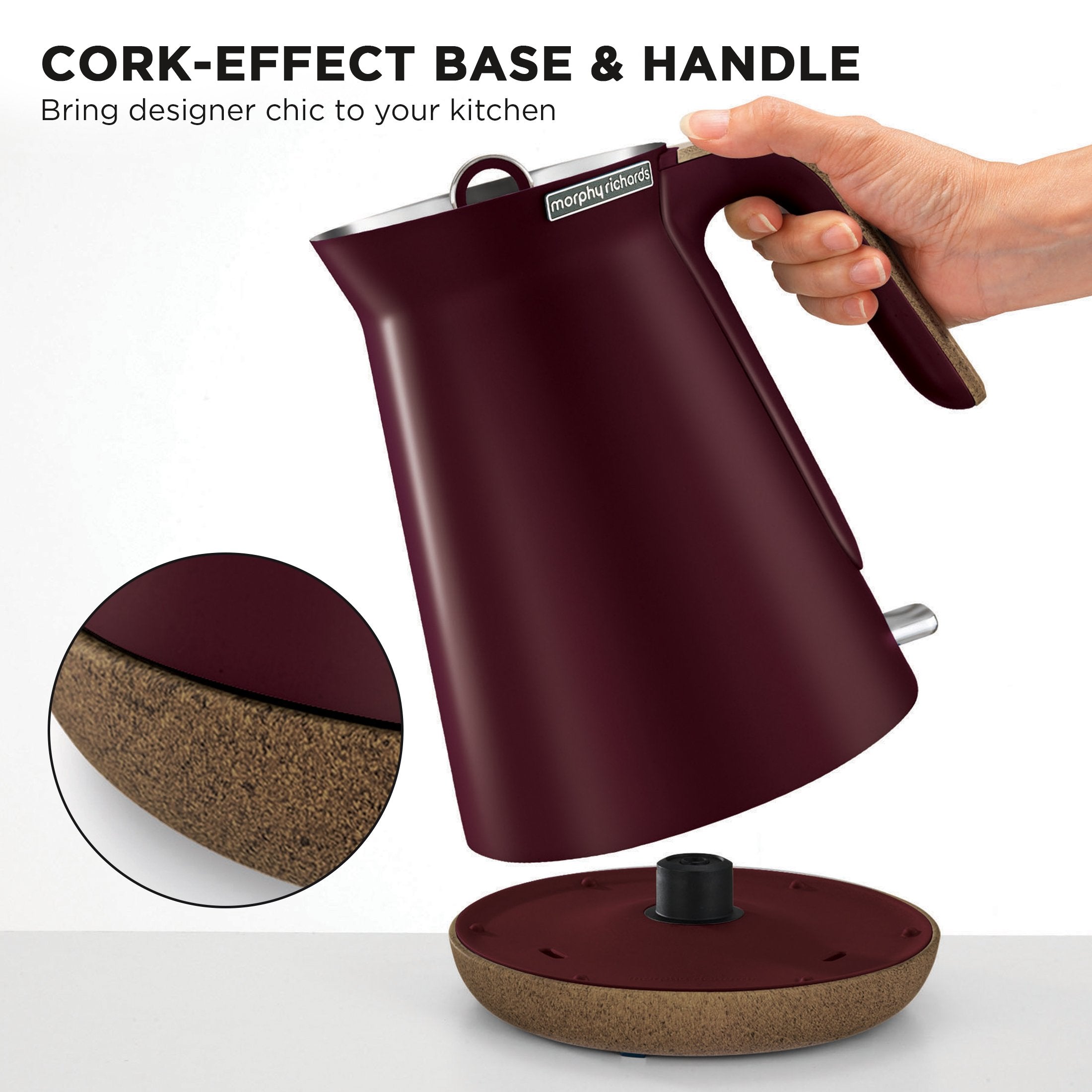 Morphy Richards 1.5L Aspect Kettle in maroon with cork-effect trim, showcasing its sleek design and modern features.