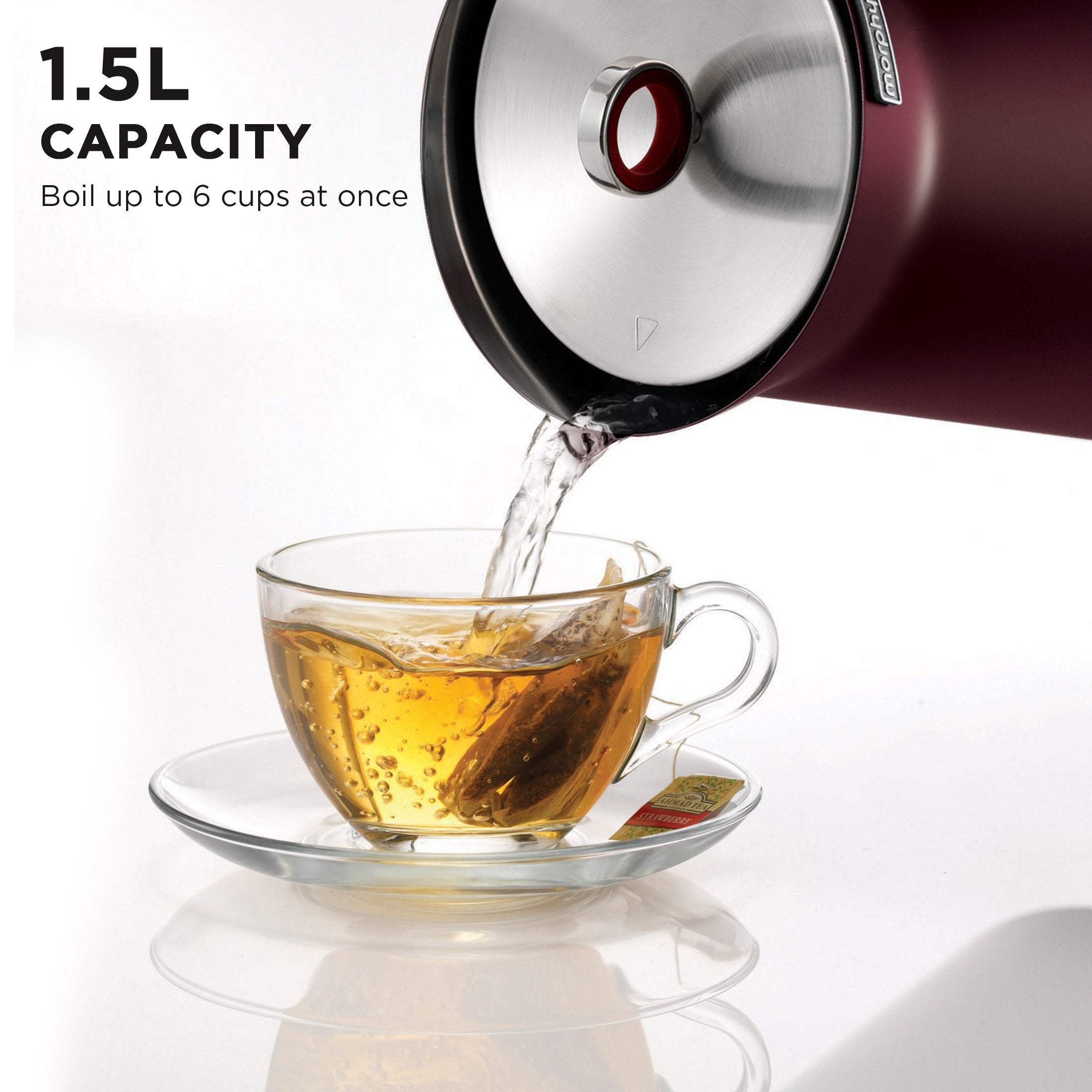 Morphy Richards 1.5L Aspect Kettle in maroon with cork-effect trim, showcasing its sleek design and modern features.