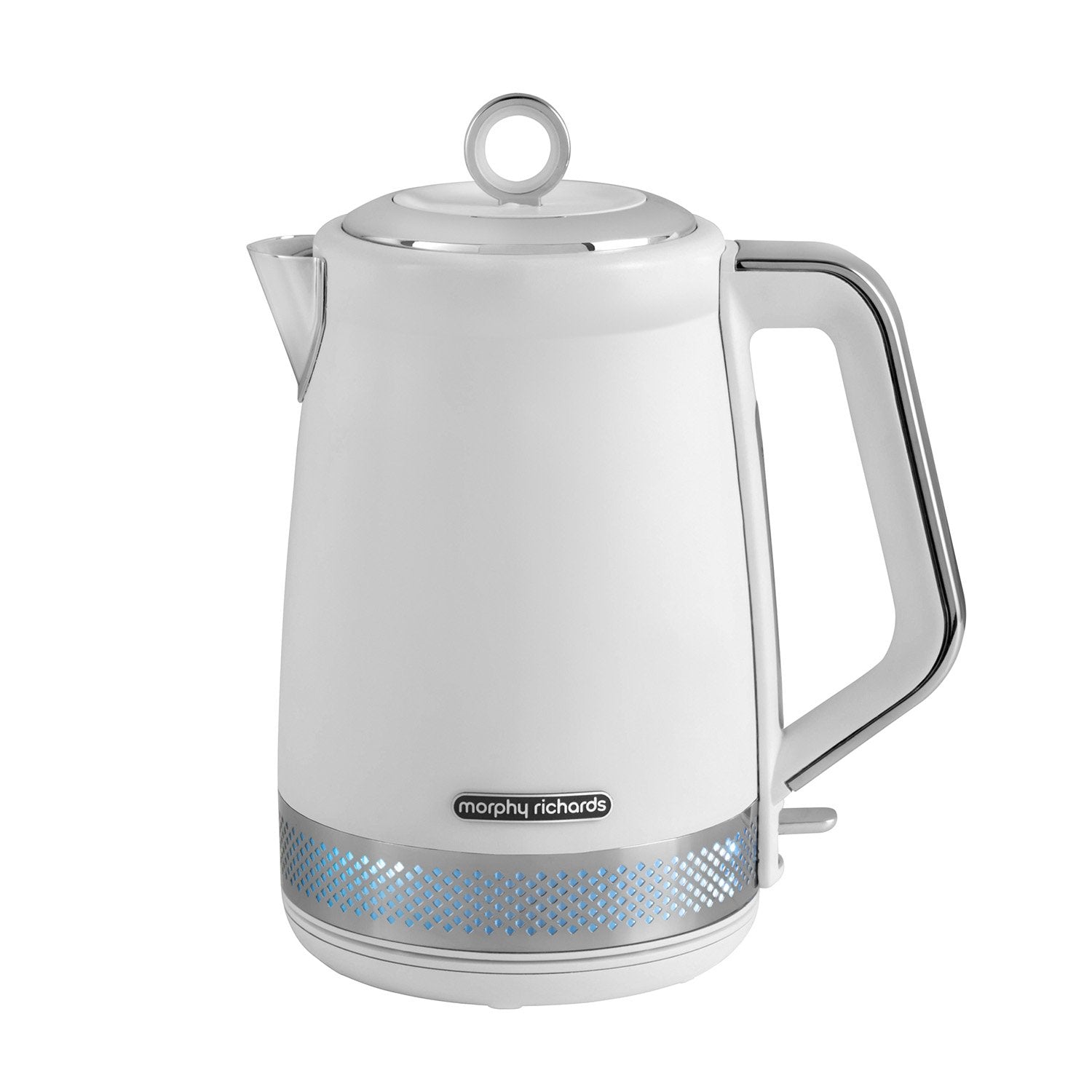 Morphy Richards Illumination Jug Kettle 1.7L in white with blue illumination, showcasing its elegant design and features.