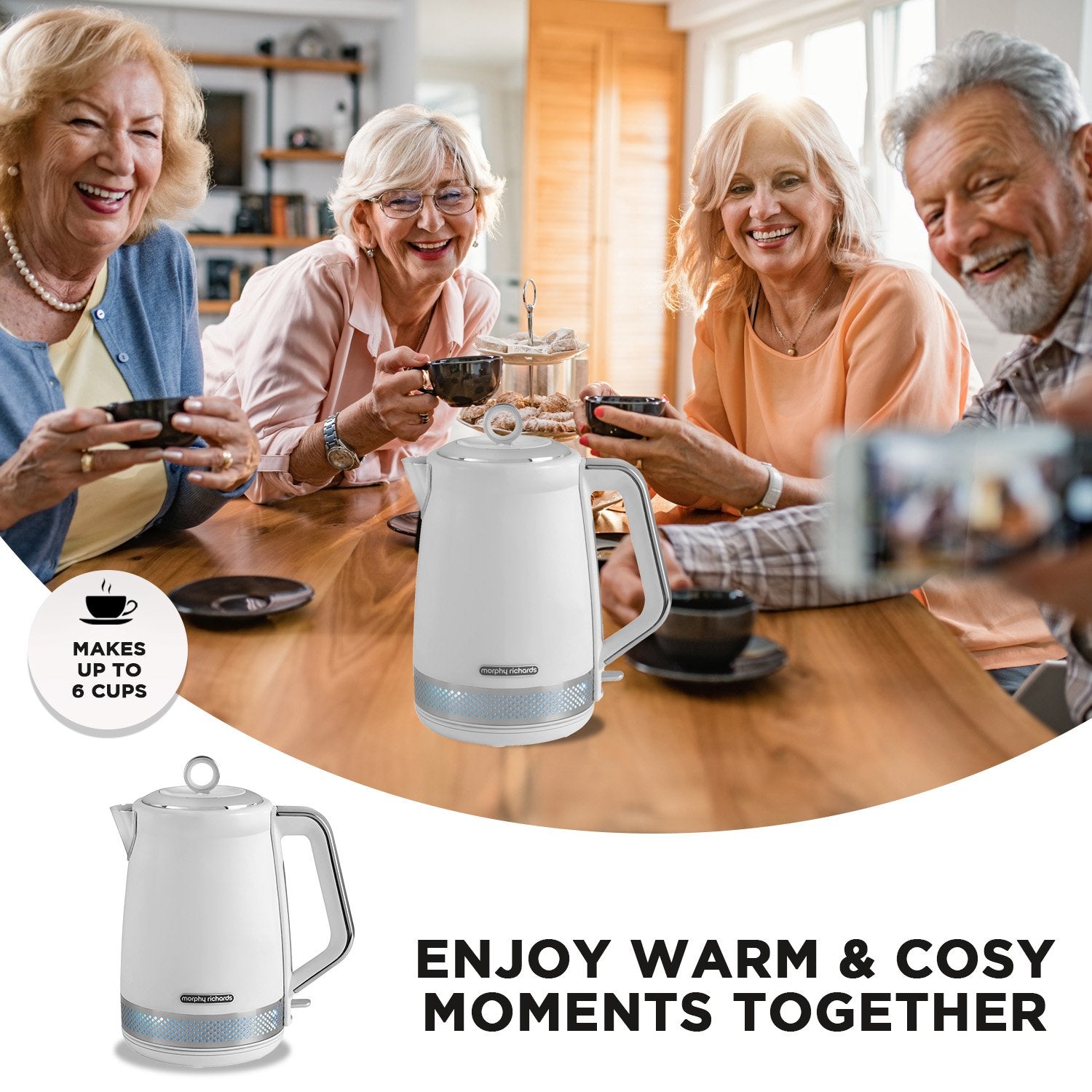 Morphy Richards Illumination Jug Kettle 1.7L in white with blue illumination, showcasing its elegant design and features.