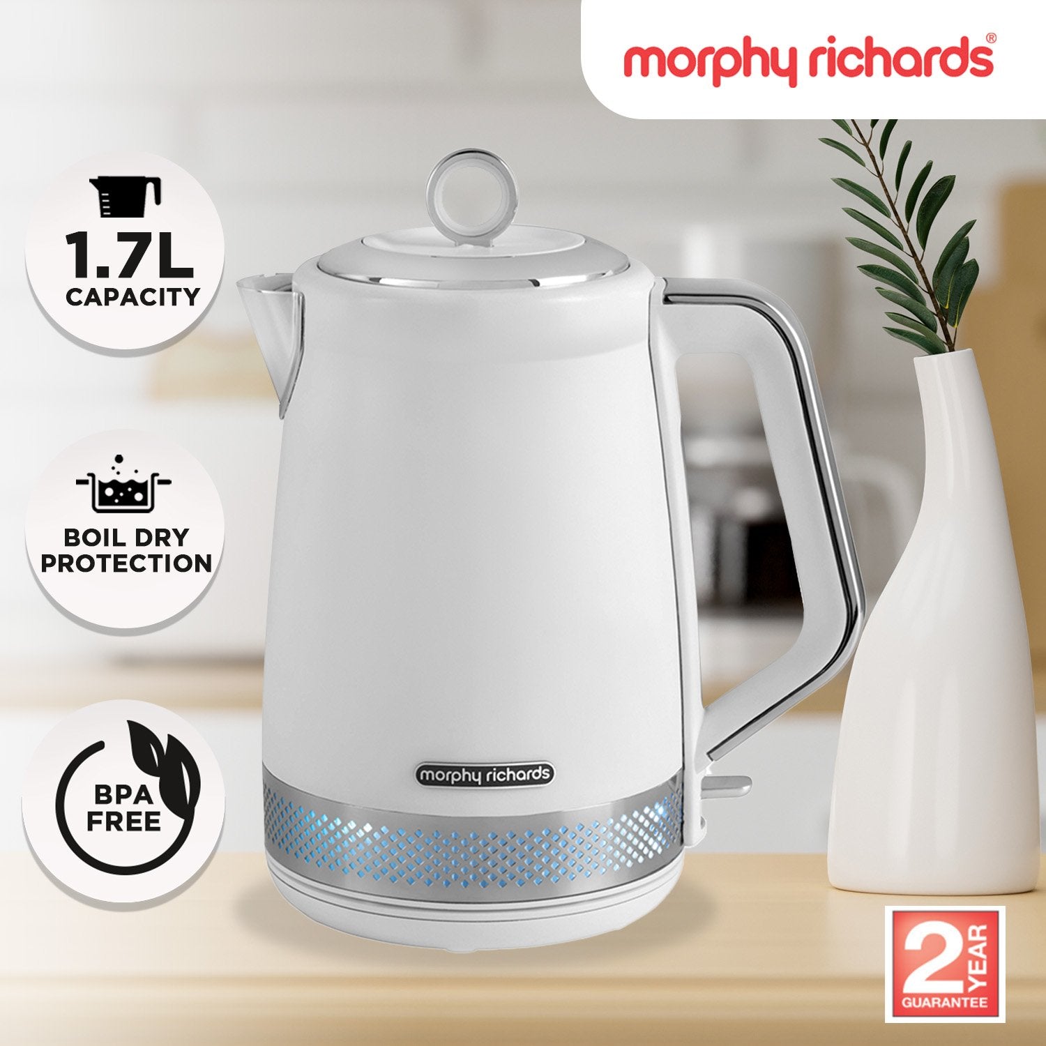 Morphy Richards Illumination Jug Kettle 1.7L in white with blue illumination, showcasing its elegant design and features.