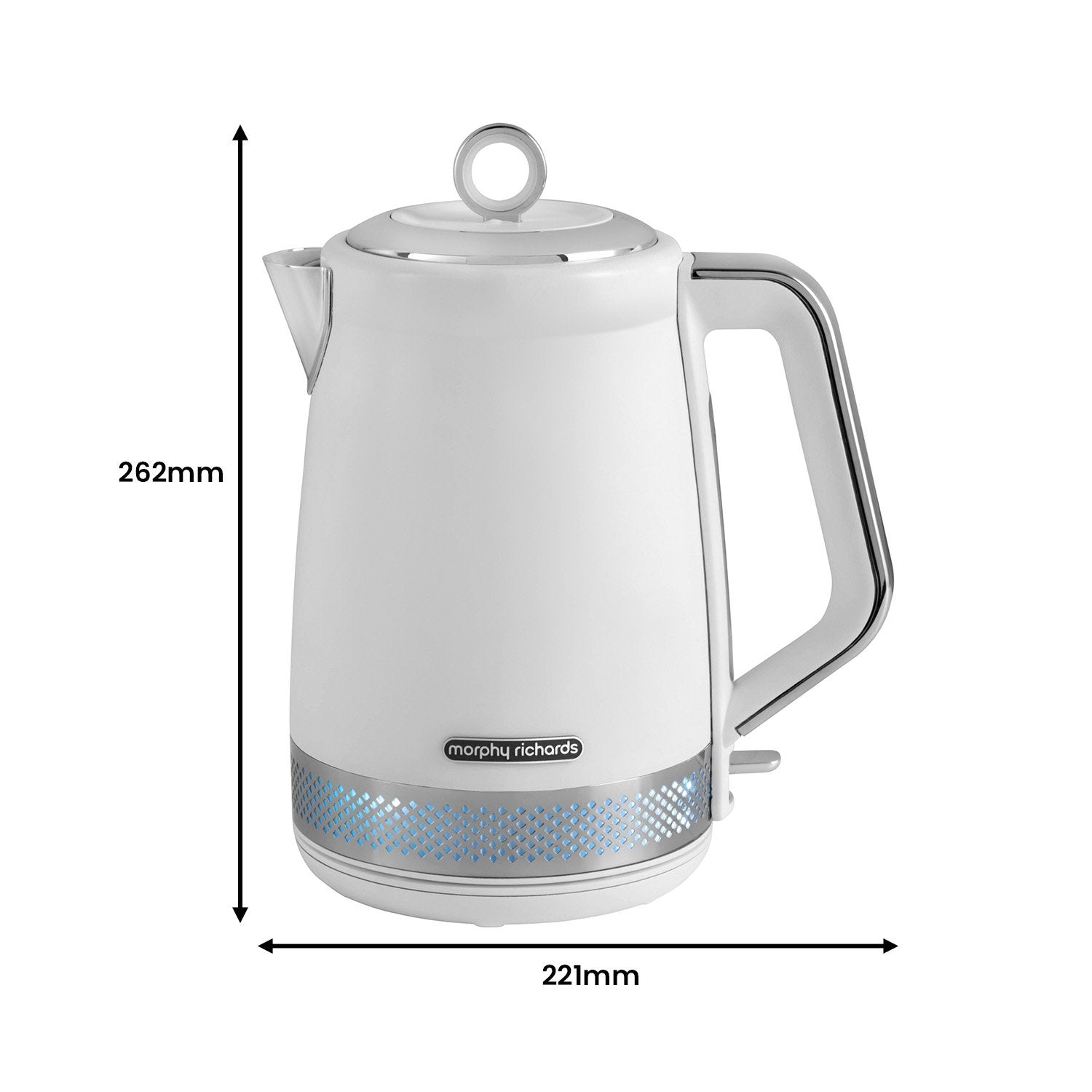 Morphy Richards Illumination Jug Kettle 1.7L in white with blue illumination, showcasing its elegant design and features.