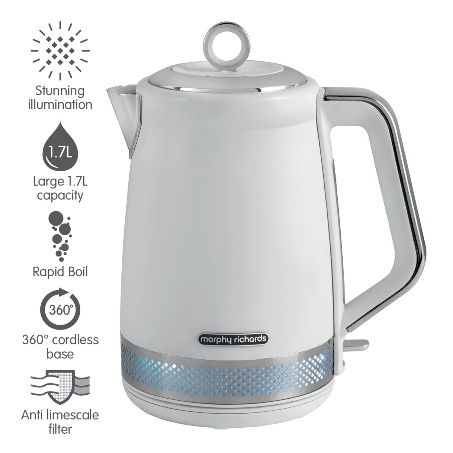 Morphy Richards Illumination Jug Kettle 1.7L in white with blue illumination, showcasing its elegant design and features.