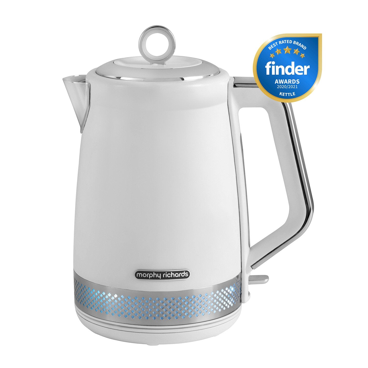 Morphy Richards Illumination Jug Kettle 1.7L in white with blue illumination, showcasing its elegant design and features.