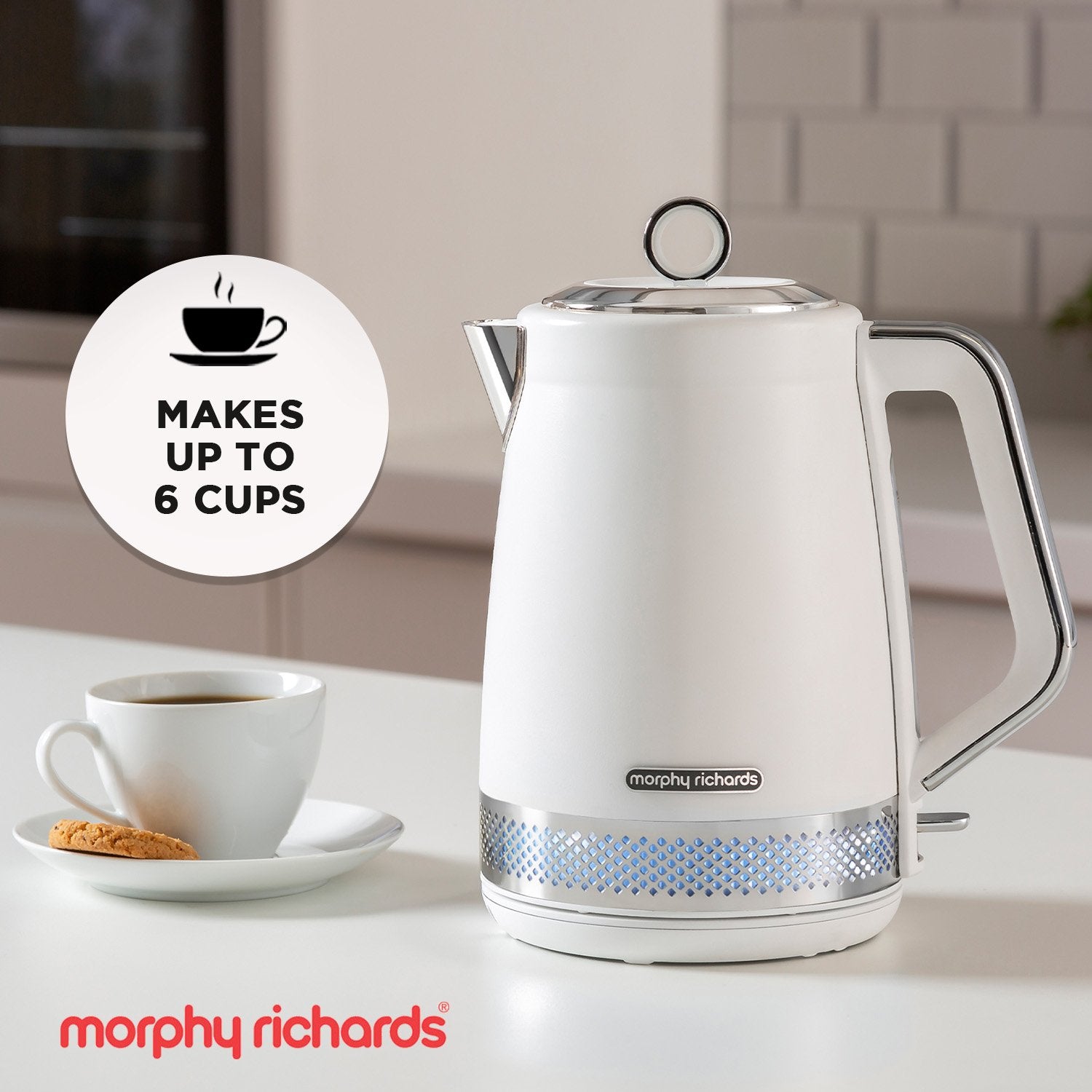 Morphy Richards Illumination Jug Kettle 1.7L in white with blue illumination, showcasing its elegant design and features.