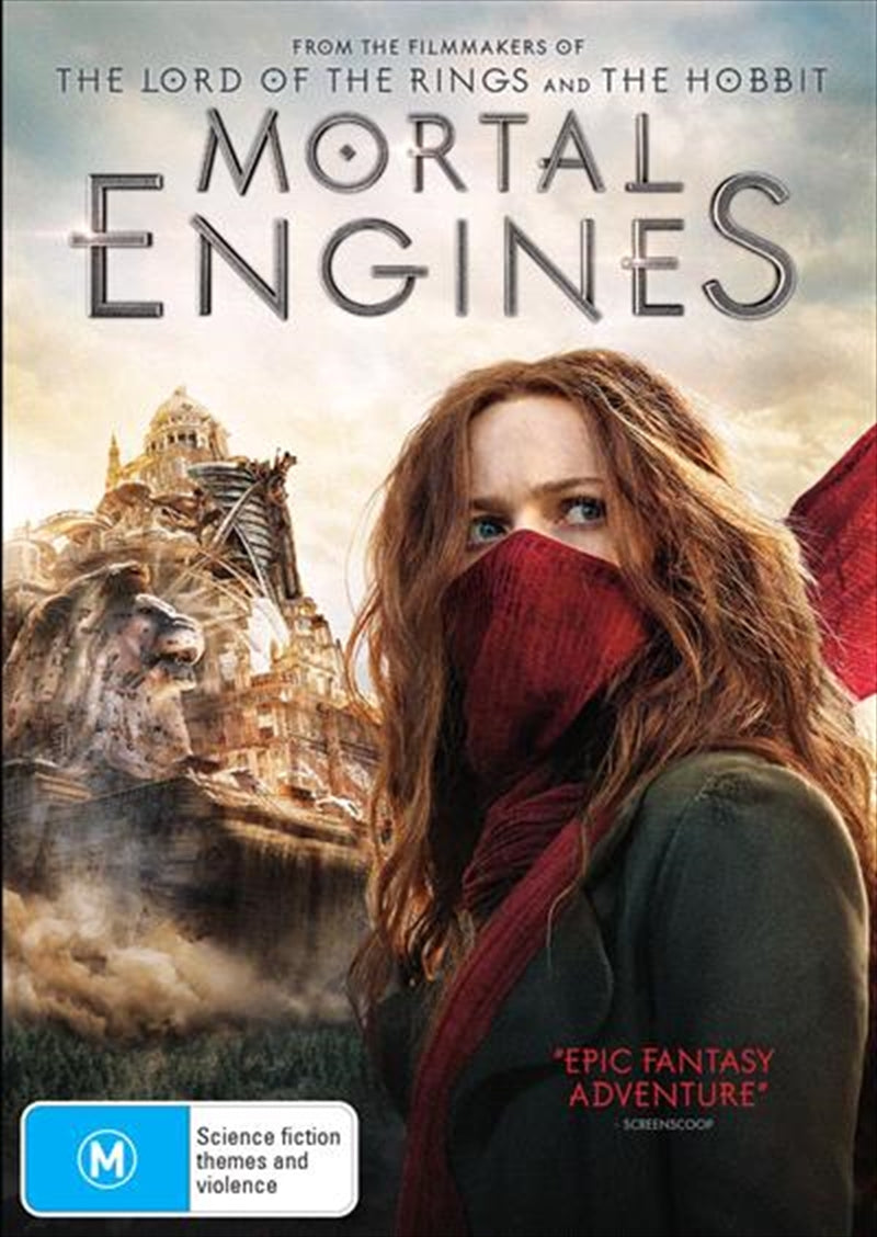 Mortal Engines DVD cover featuring Hester Shaw and a massive predator city on wheels in a post-apocalyptic landscape.