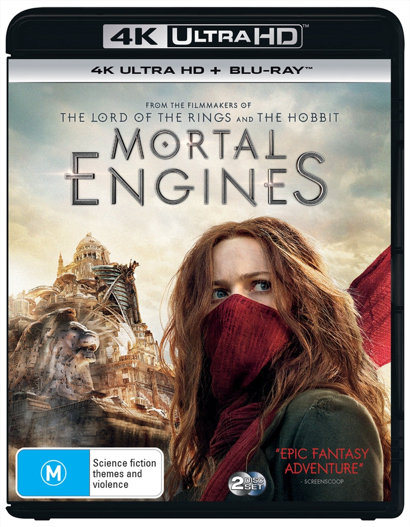 Mortal Engines UHD movie cover featuring a post-apocalyptic city on wheels with dramatic visuals.