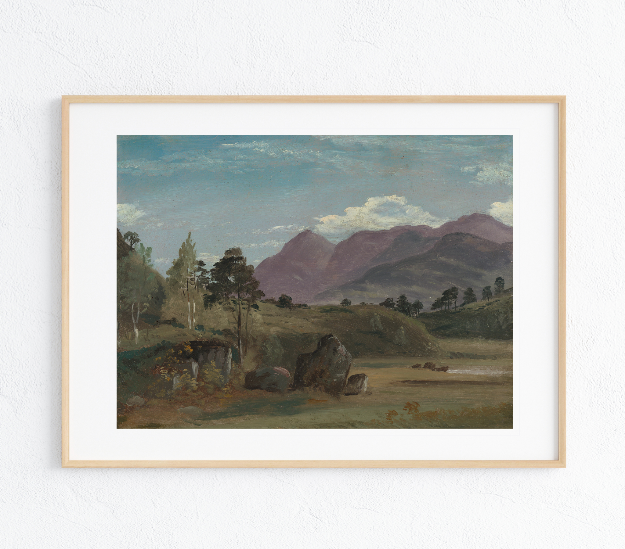 A vibrant mountain landscape art print on canvas, showcasing rich colors and intricate details, perfect for home decor.