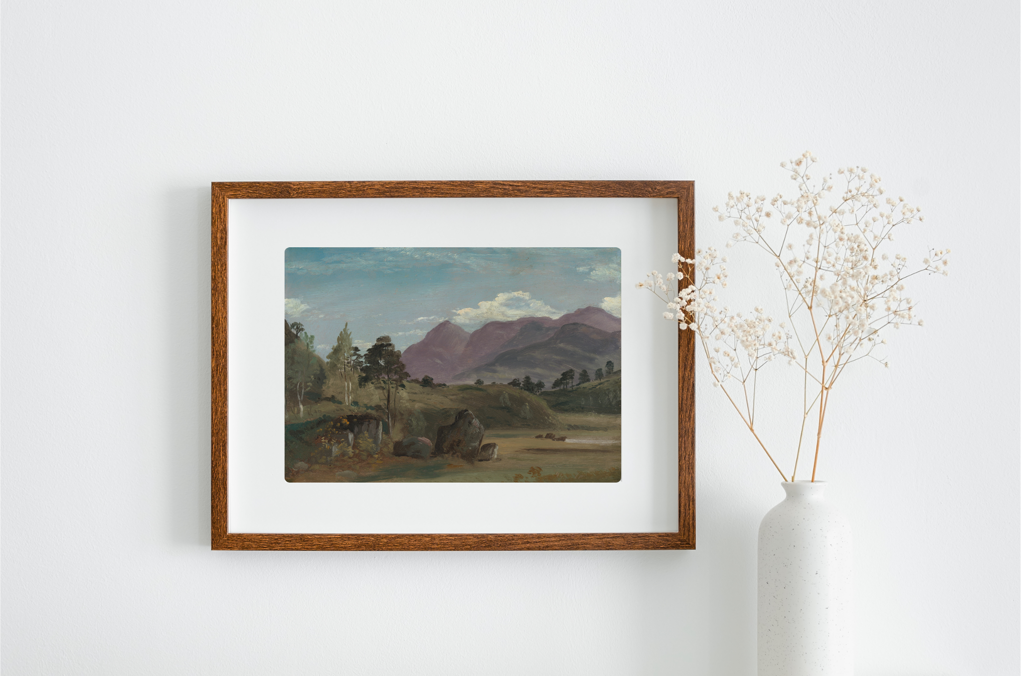 A vibrant mountain landscape art print on canvas, showcasing rich colors and intricate details, perfect for home decor.