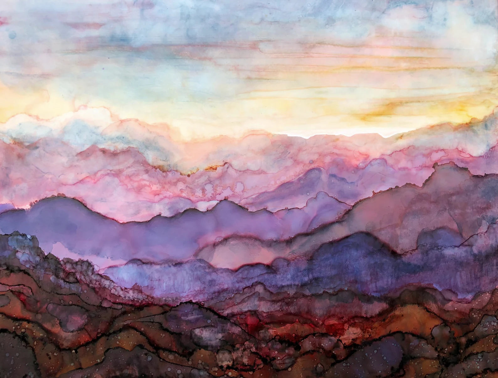 A beautiful watercolor painting titled 'Mountain Layers' depicting a magical night sky with Venus and a crescent moon.