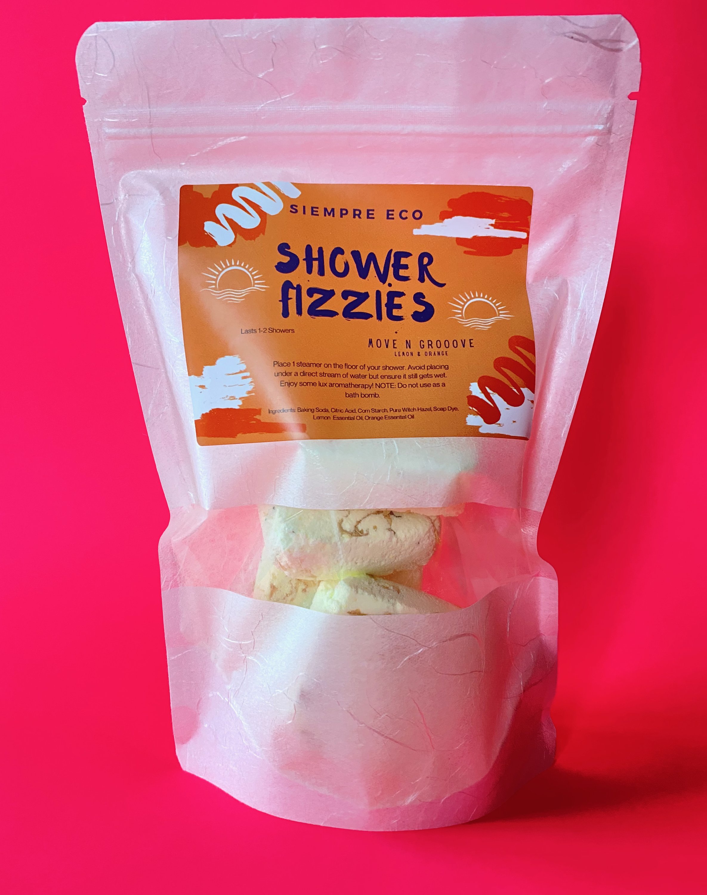 Move N Grooove Shower Fizzies in a pack, featuring calming Lavender and Chamomile scents for a soothing shower experience.