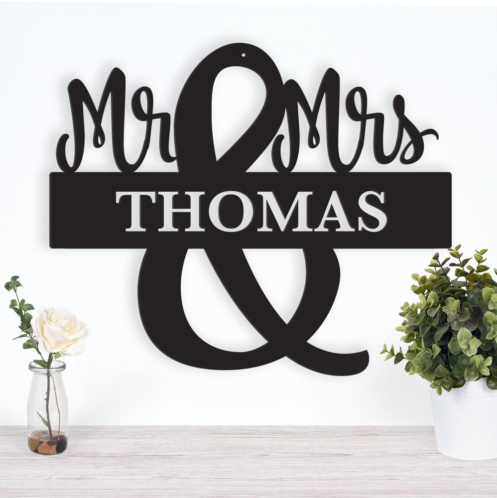 Mr. and Mrs. Monogram Metal Wall Art, modern design, perfect for couples, available in two sizes.