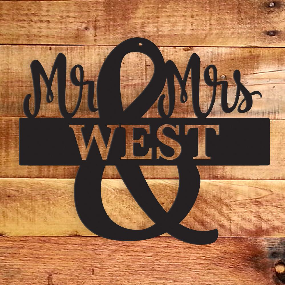 Mr. and Mrs. Monogram Metal Wall Art, modern design, perfect for couples, available in two sizes.