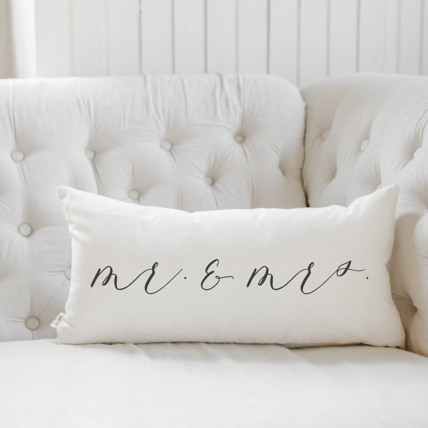 Mr. & Mrs. Lumbar Pillow featuring elegant calligraphy on a neutral background, handcrafted in Cranbury, NJ.