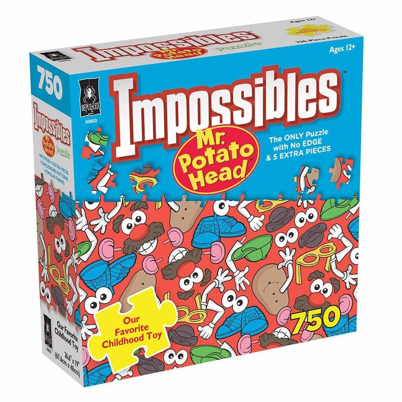 Mr Potato Head Impossibles 750-piece puzzle featuring classic game brands with no edges and extra pieces.