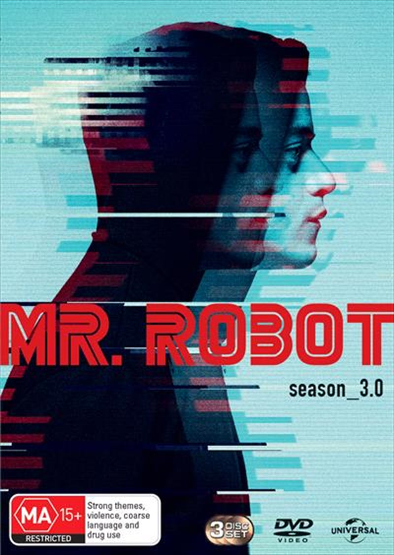 Mr. Robot - Season 3 DVD cover featuring Elliot Alderson in a dramatic pose, showcasing the show's intense themes.