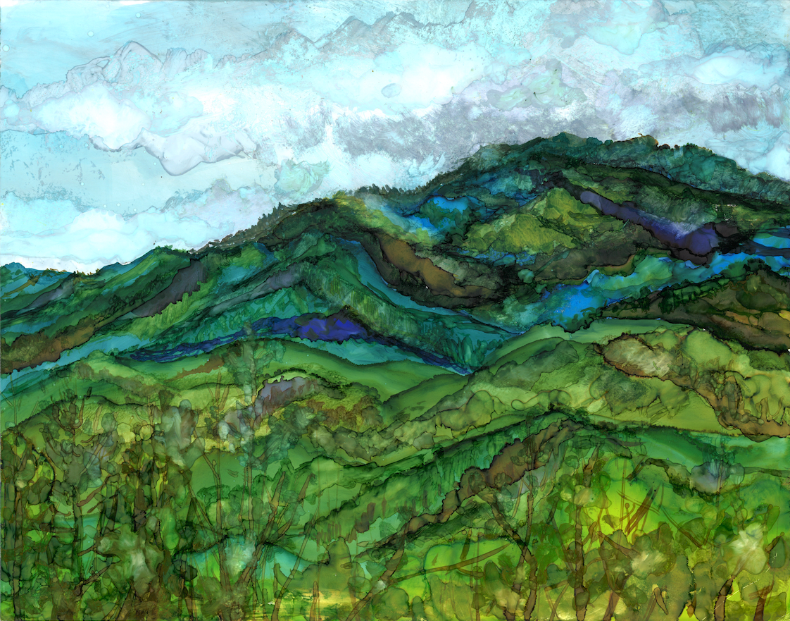 Mt. LeConte greeting card featuring an original alcohol ink painting with intricate details and soothing colors.