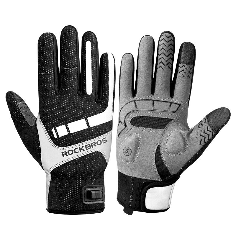 ROCKBROS MTB Heated Gloves in medium size, showcasing breathable fabric and USB charging feature for winter biking.