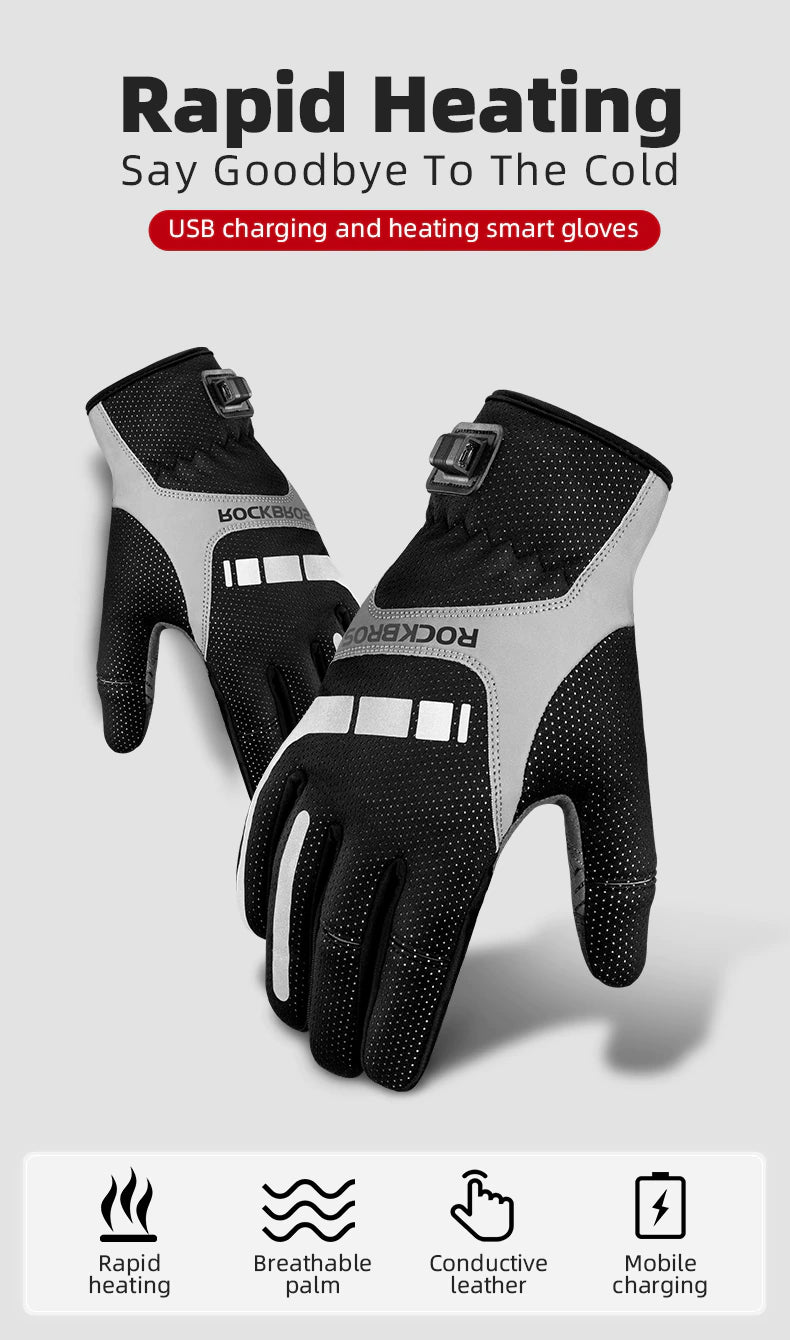 ROCKBROS MTB Heated Gloves in medium size, showcasing breathable fabric and USB charging feature for winter biking.