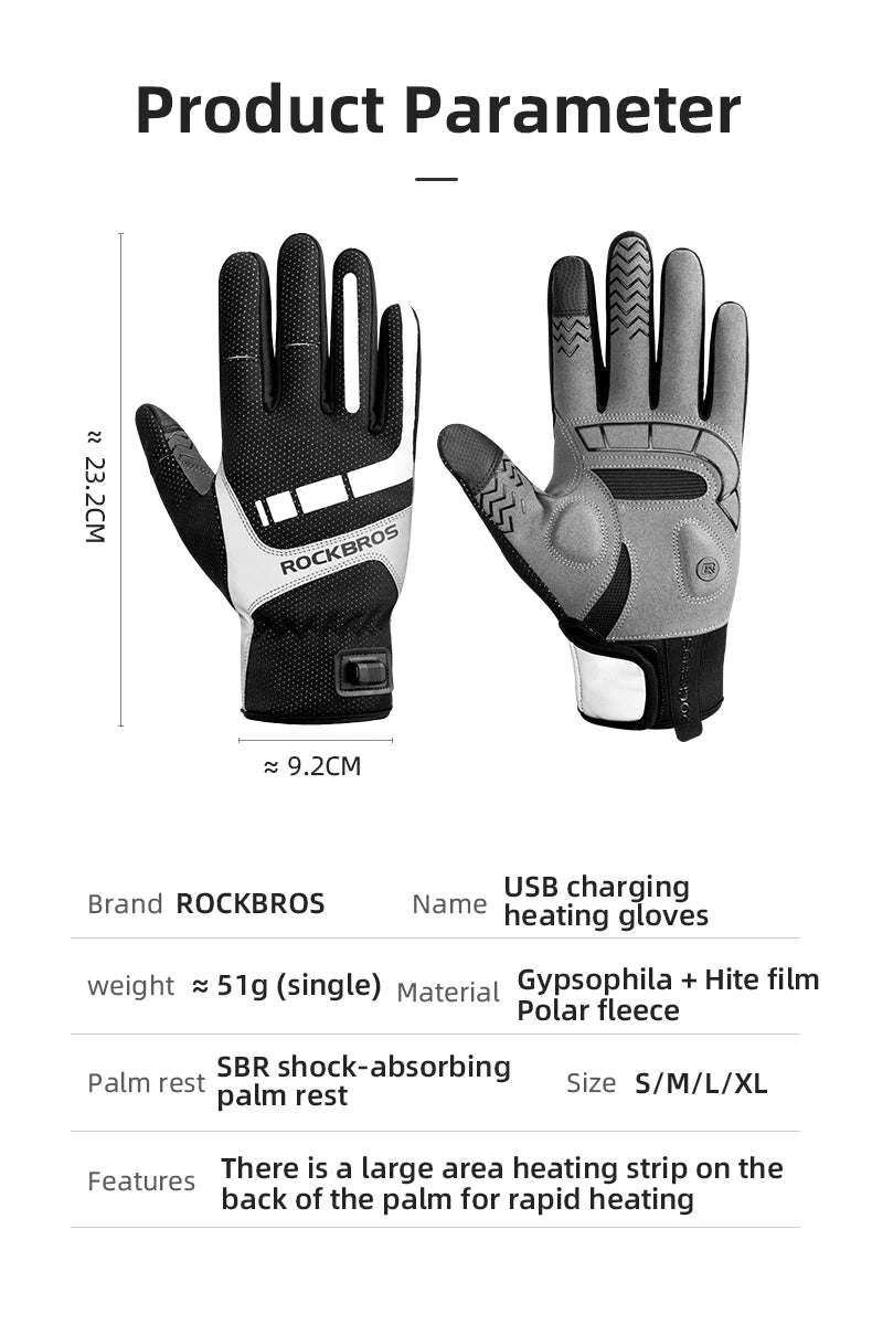 ROCKBROS MTB Heated Gloves in medium size, showcasing breathable fabric and USB charging feature for winter biking.