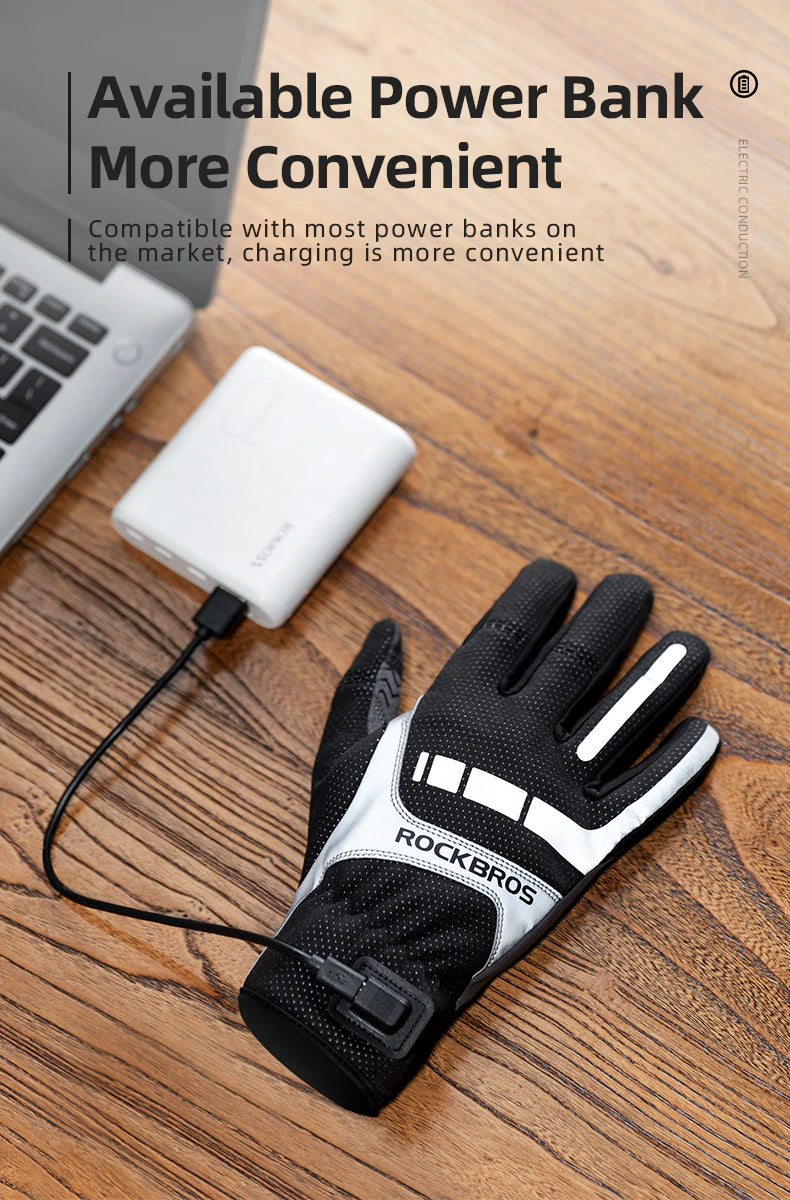 ROCKBROS MTB Heated Gloves in medium size, showcasing breathable fabric and USB charging feature for winter biking.